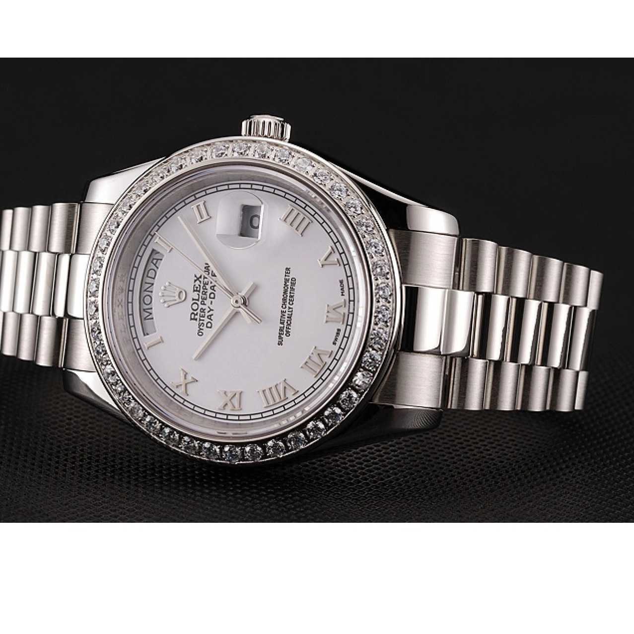 Aaa replica watch Stainless 1453967 White Day-Date Bracelet Rolex Case Steel Diamond Swiss Dial 0804